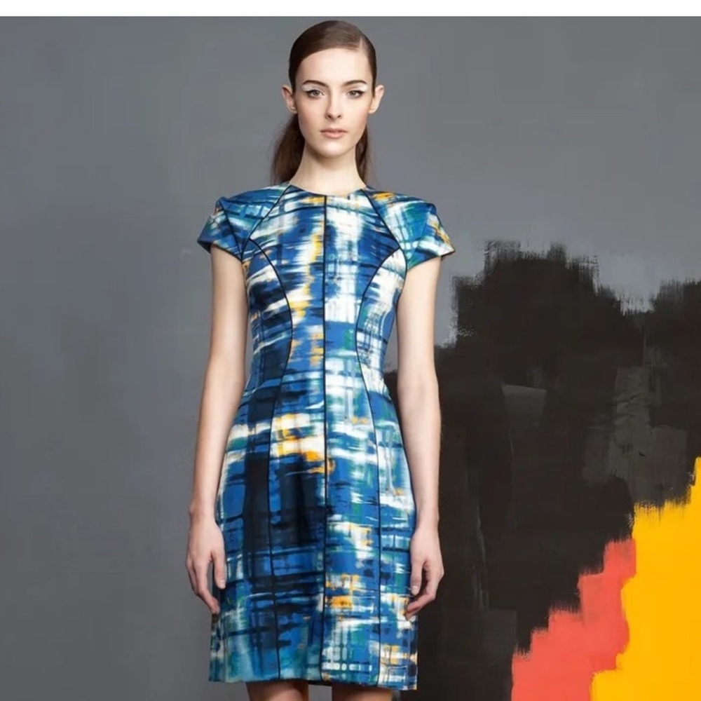 Lela Rose Abstract Seamed Printed Blue Orange Silk Dress Size 8‎ cap sleeves